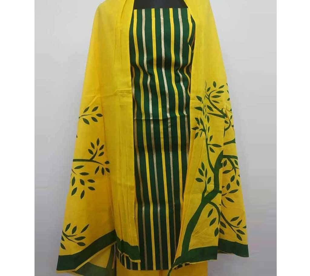 Unstitched Screen Print Salwar Kameez Yellow Green Stripe Three-P