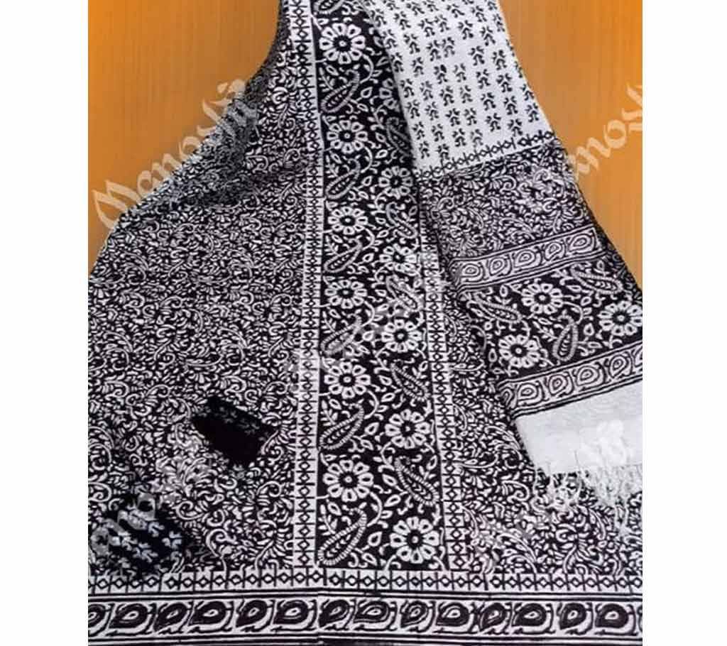 Unstitched Block Printed Three Piece for Women Black Color