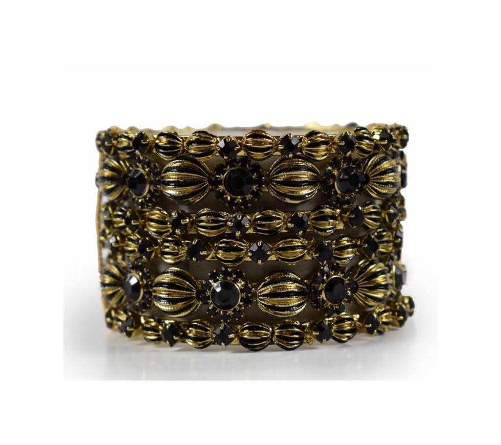 Black And Golden American Diamond Cat Bangles For Women (6 Pieces)