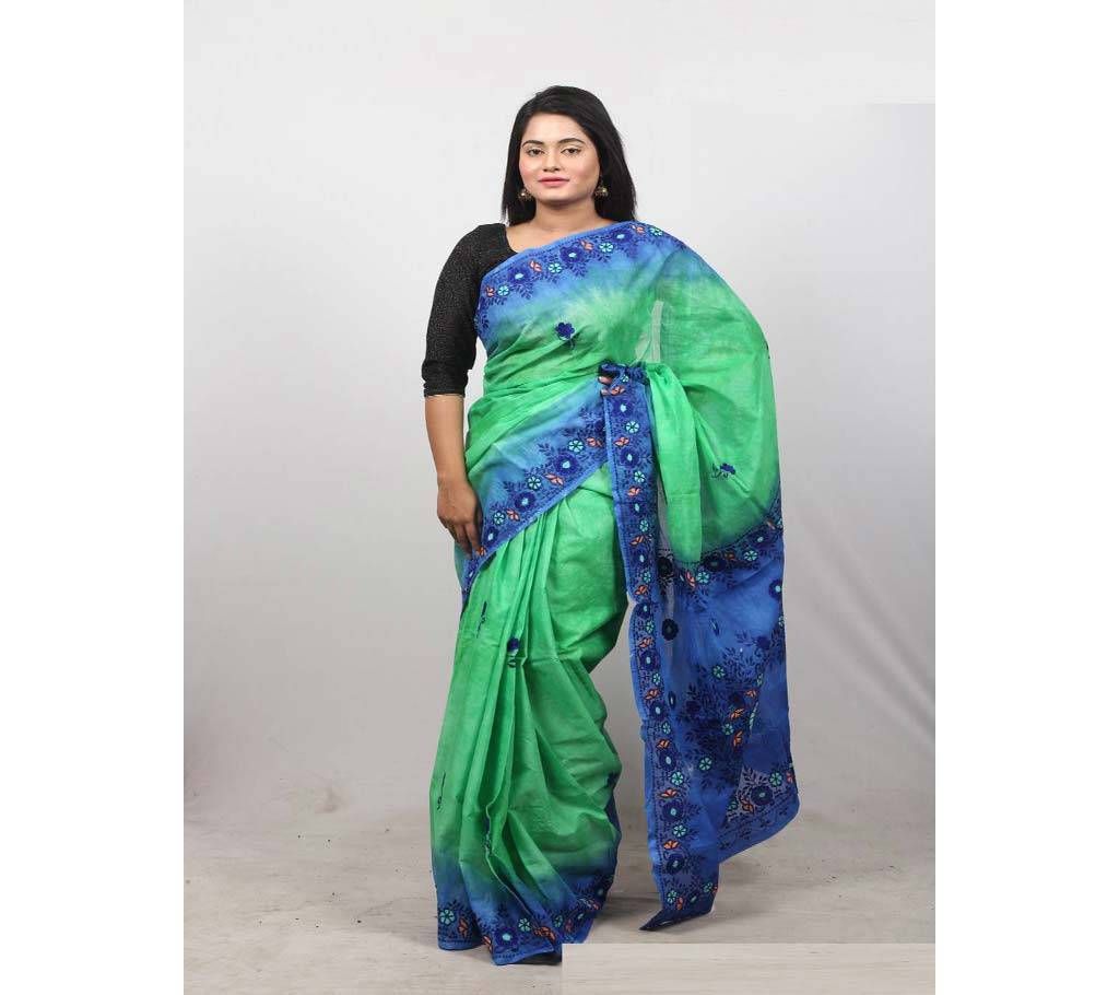 Hand Embroidery Saree -Darkblue & Spring Green 