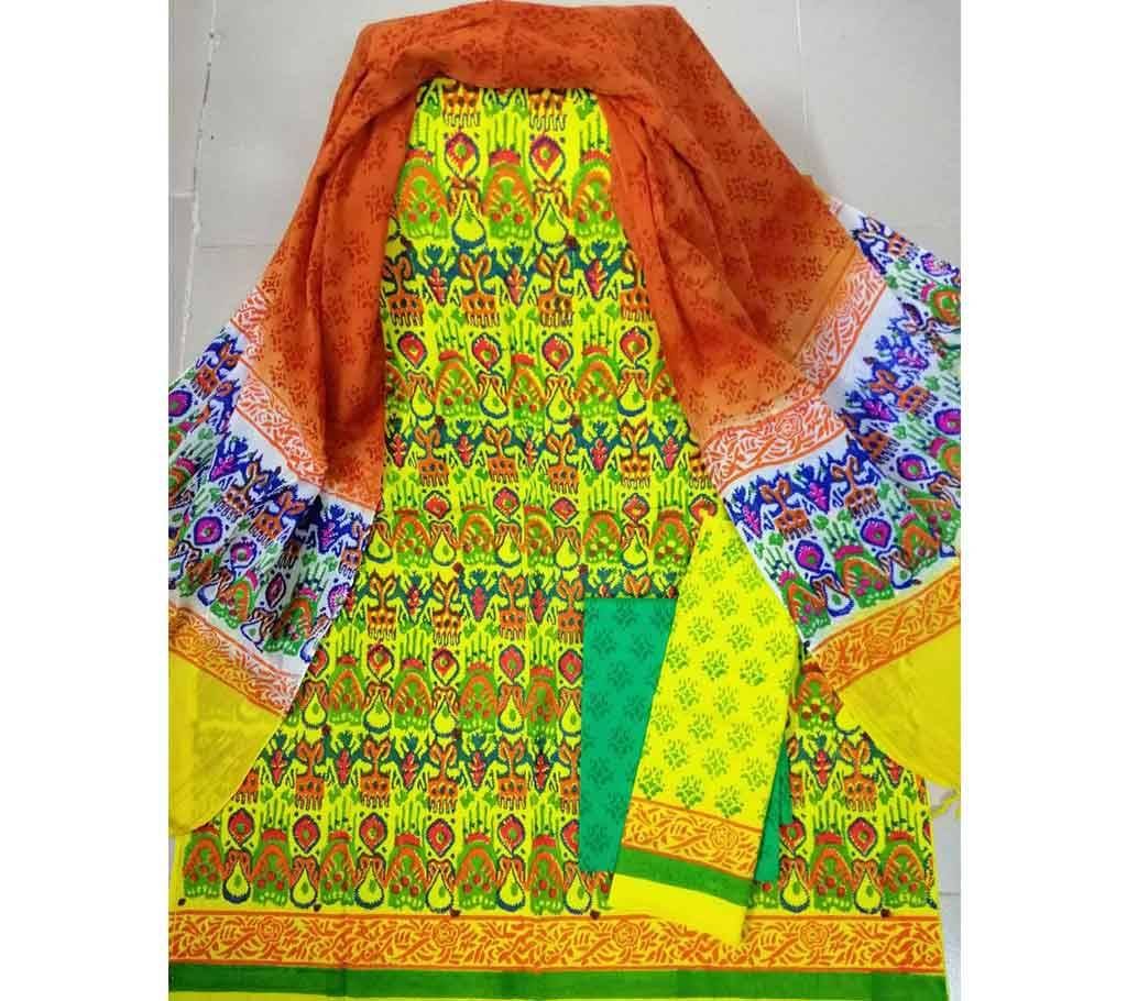 Cotton Block 3piece with Shuti Orna- 04 Multi with Pale Green Leaf Color Design