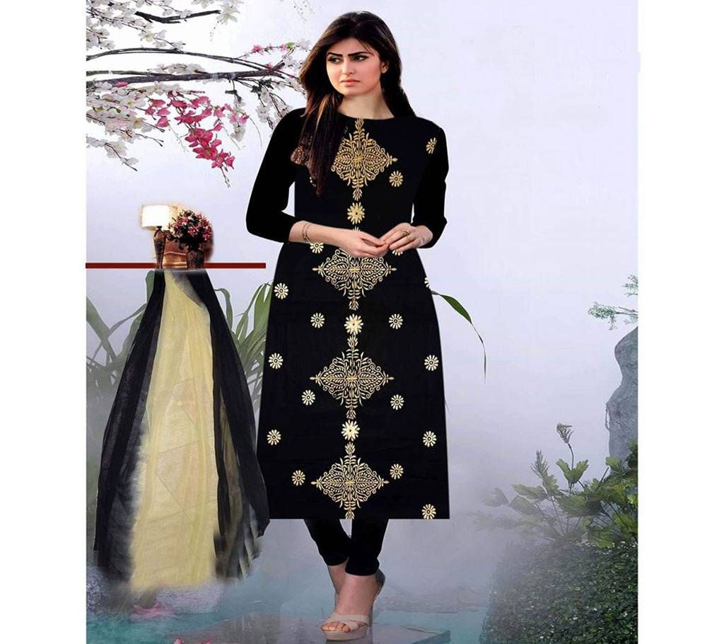 Black Block Print Unstitched Three Piece For Women