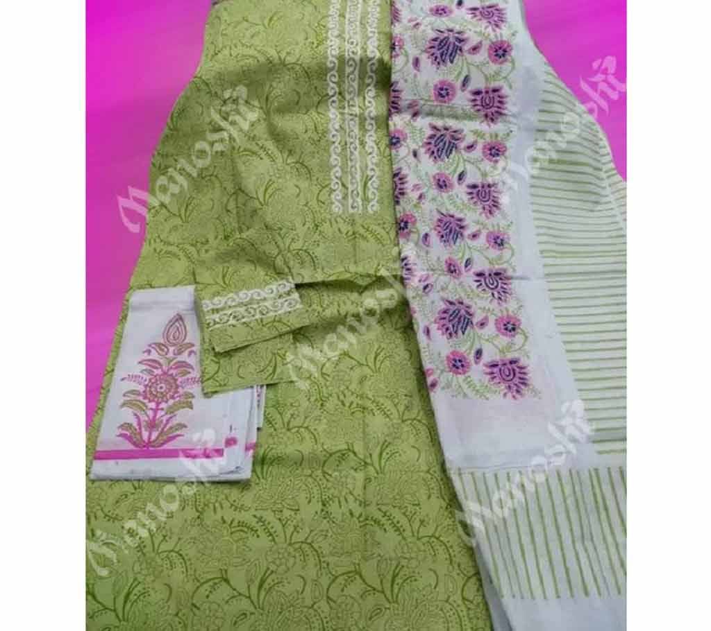 Unstitched Block Printed Three Piece for Women Olive color