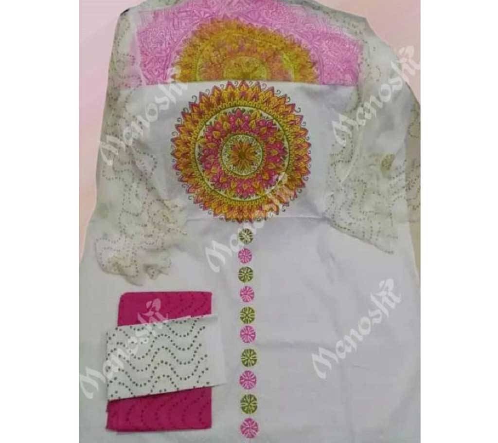 Unstitched Block Printed Three Piece for Women White Color