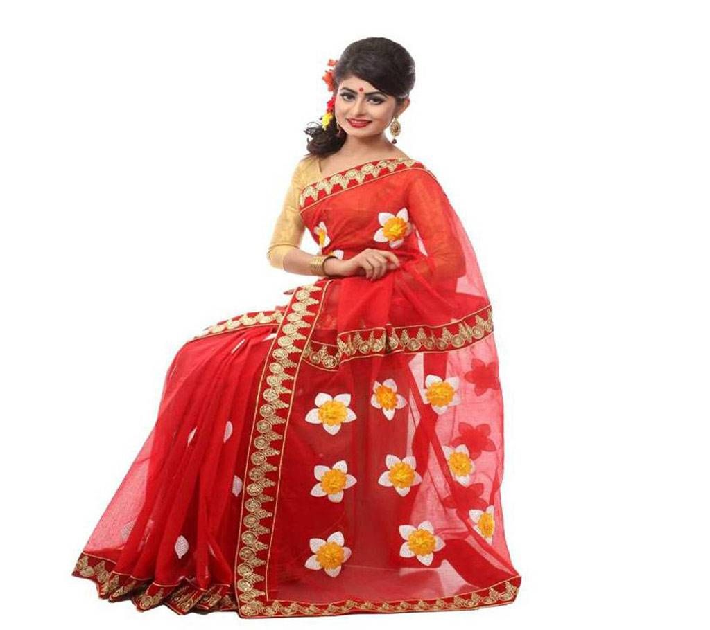 Red Pure muslin silk with hand embroidery & Applique