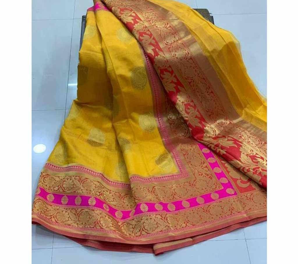 banarasi silk saree – Pineapple Color Saree – Red and Pink Par – Red Anchal