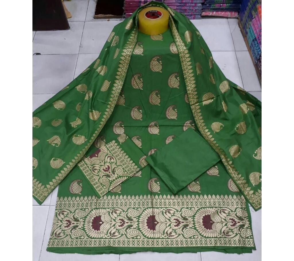 Screen print unstitched 3 piece. 15 Forest green and Tan combination work design color