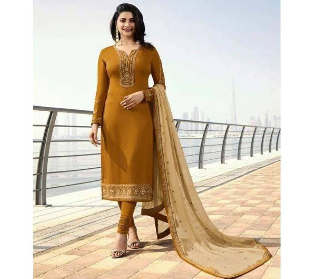 Eid Collection Unstitched 4 pcs Indian Brown Silk Georgette Embroidery work Salwar Kamez For Women