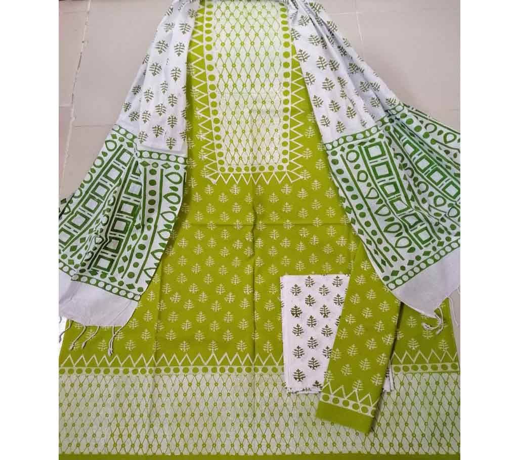 Cotton Block 3piece with Shuti Orna- 16 Lime Green with Mix Color Design