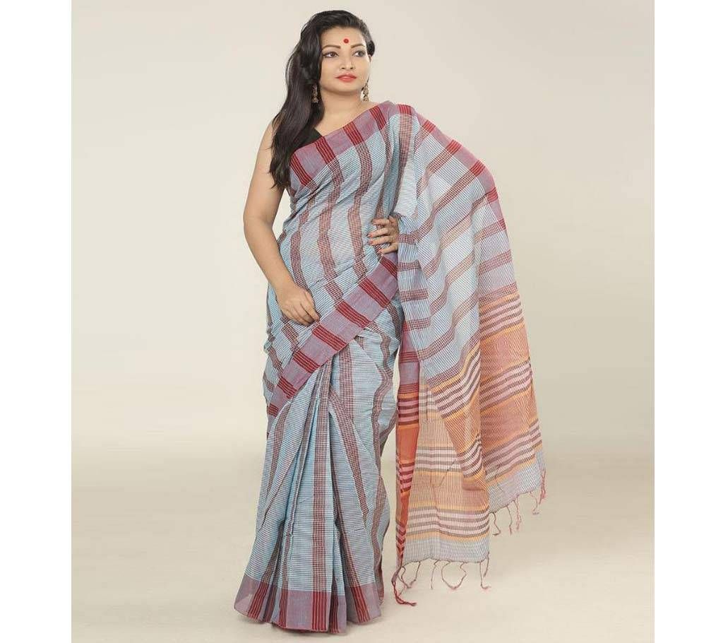Magenta & Light Ash color handloom cotton Gamsha Saree
