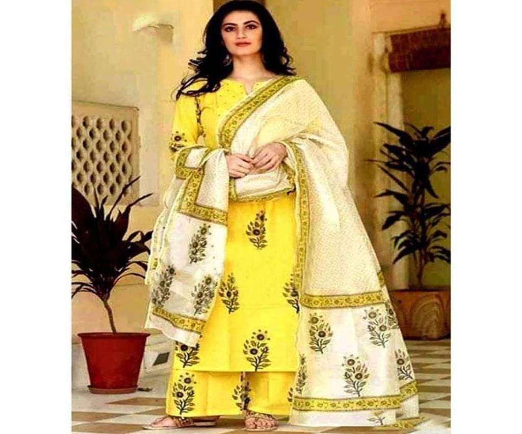 Semi-Stitched Block Printed + Embroidery Cotton Three Piece