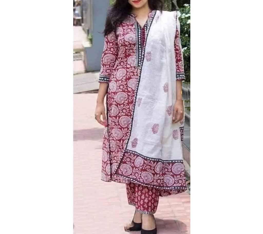 Latest White And Marron Block Printed Salwar Kameez for Women-free size