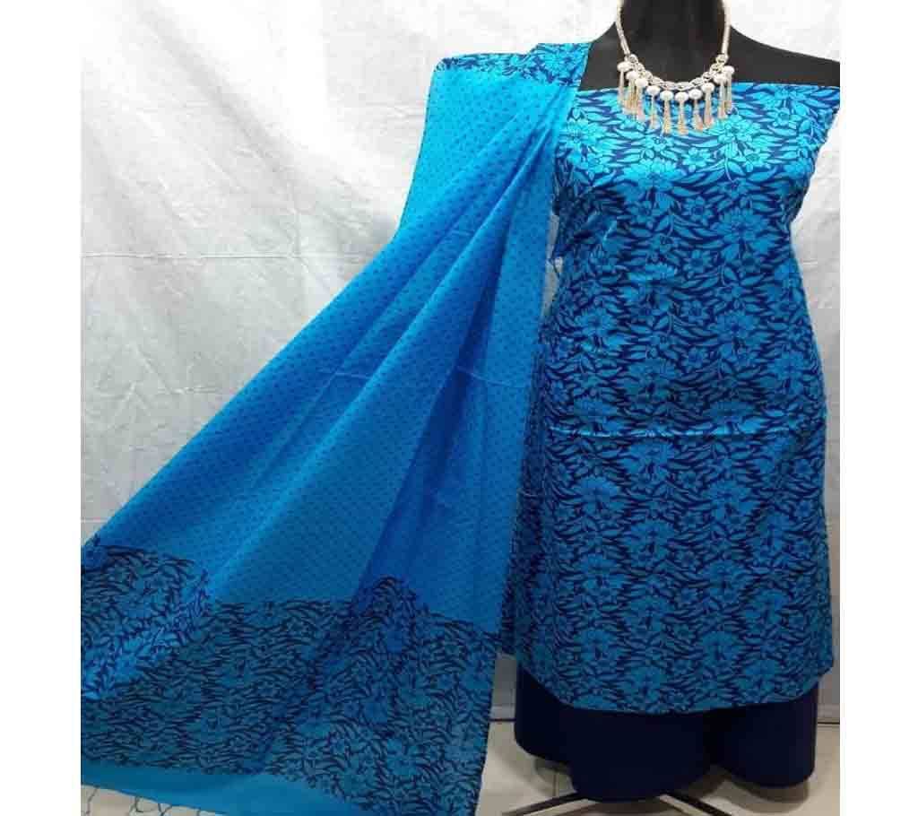 Unstitched Screen Print Cotton 3pcs 02 -Royal Blue - SLF
