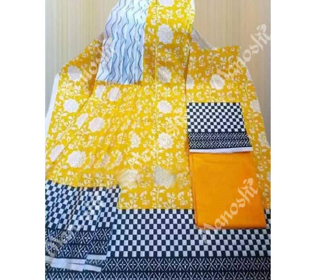 Unstitched Block Printed Three Piece for Women Yellow