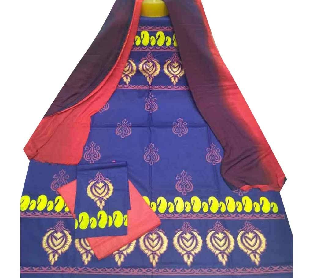 ব্লক প্রিন্টেড আনস্টিচড কটন থ্রি পিস - Red Blue 