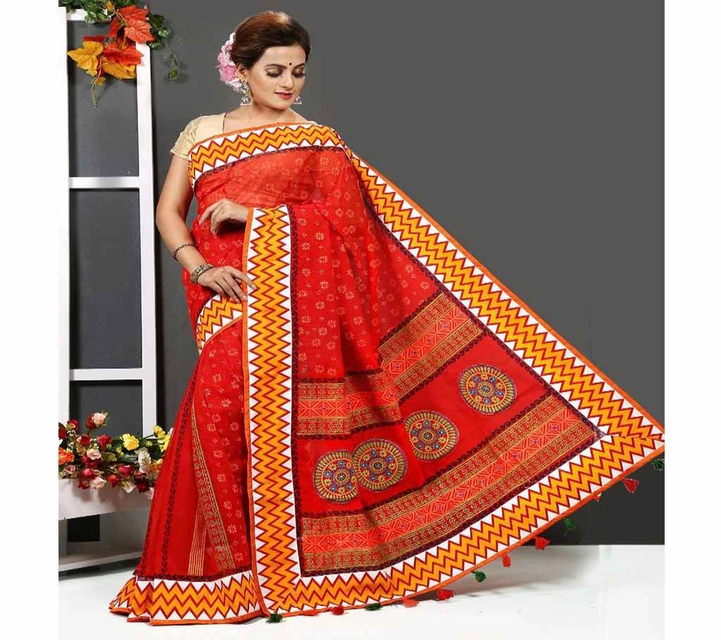Red Orange Flower Design Shape with Off White and Orange Zig Zag Design in Paar Silk Sharee - 121