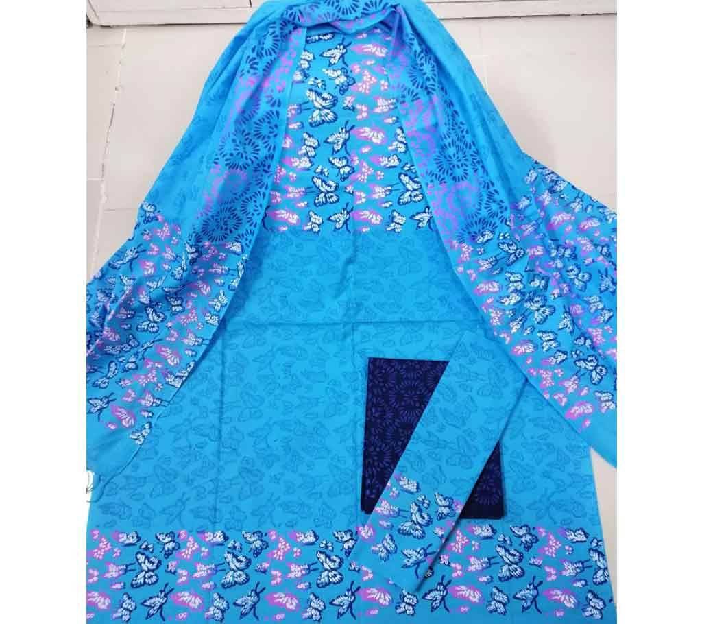 Cotton Block 3piece with Shuti Orna- 11 SkyBlue with Multi Color Design