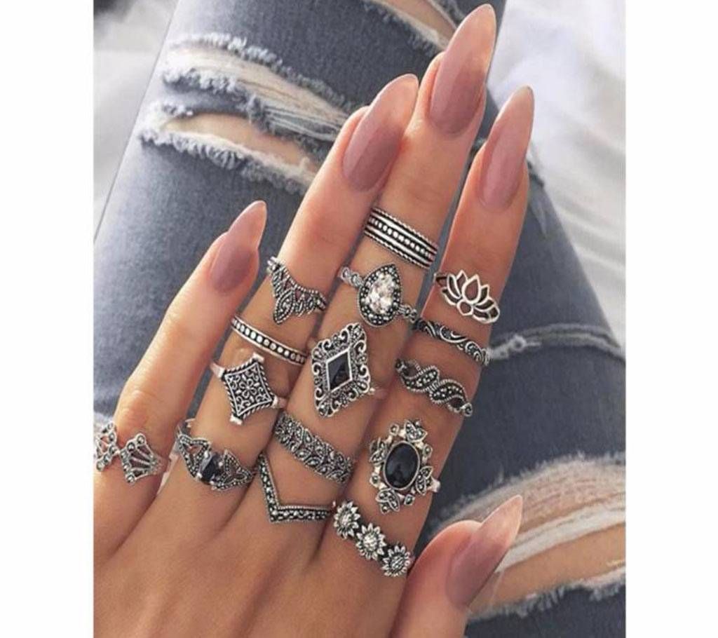 15 Pcs/Set Bohemian Retro Crystal Flower Leaves Hollow Lotus Gem Silver Ring Set
