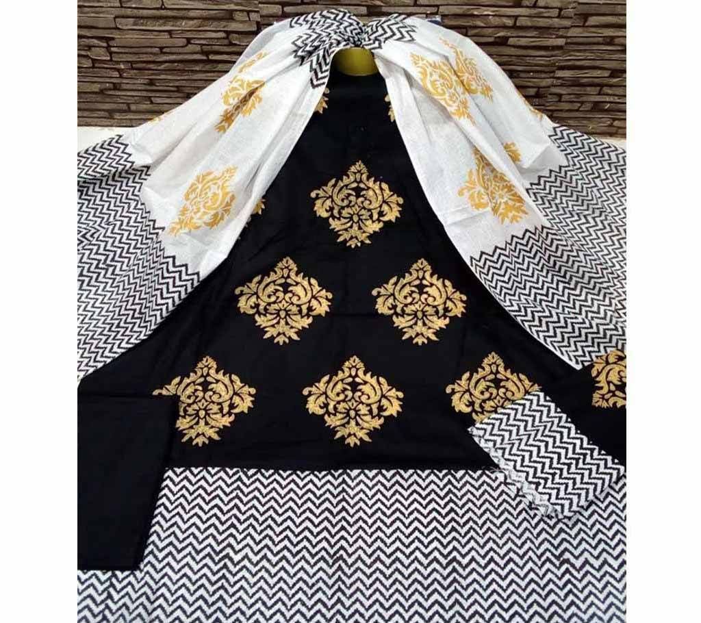 Unstitched White And Black Cotton screen Printed Salwar Kameez for Women