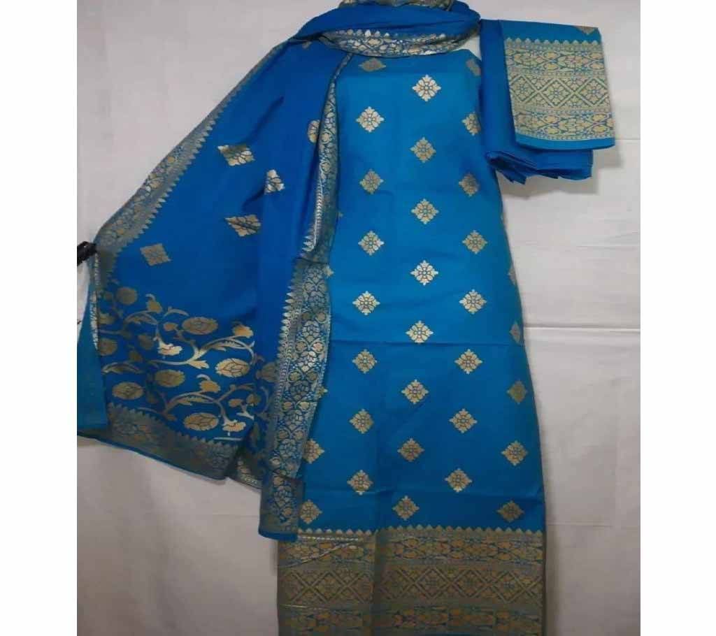 Unstitched Blue Cotton screen Printed Salwar Kameez for Women