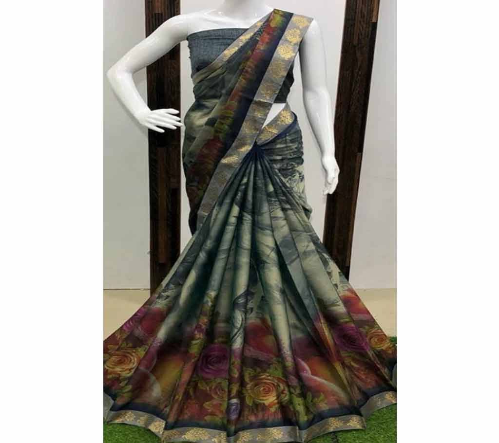 Romantic Pedding Printed Saree with Banarasi Border & Running Blouse Piece- 03 CelaDon Cream Color