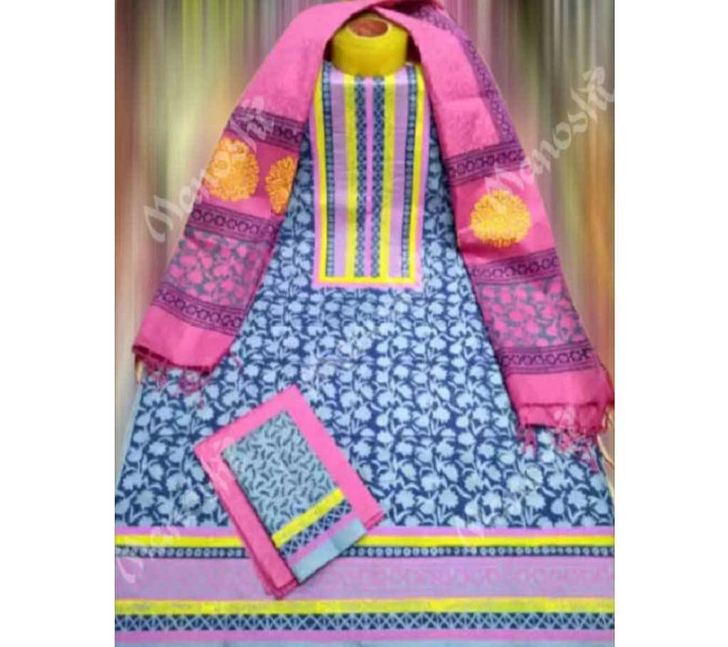 Unstitched Block Printed Three Piece for Women Blue And Pink Color