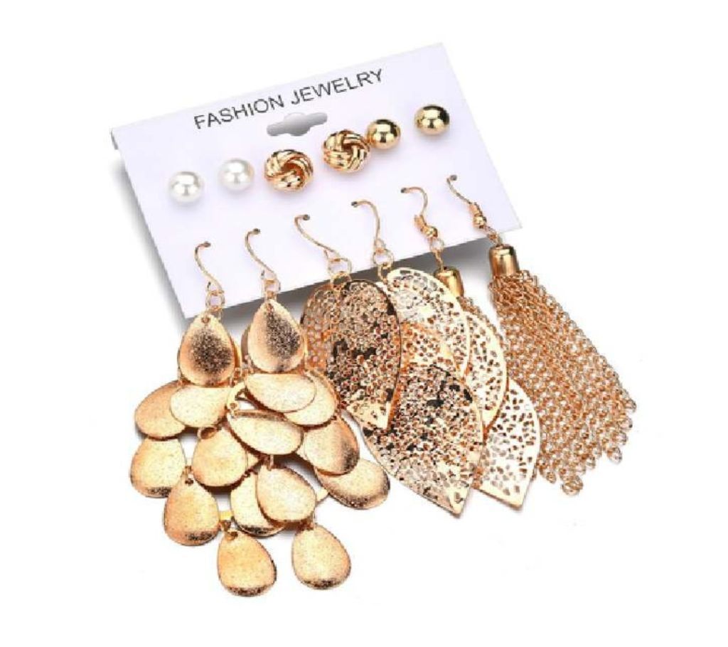Plate Pearl Earrings Set Hollow Leaf Woven Earrings Jewelry -6 Pairs