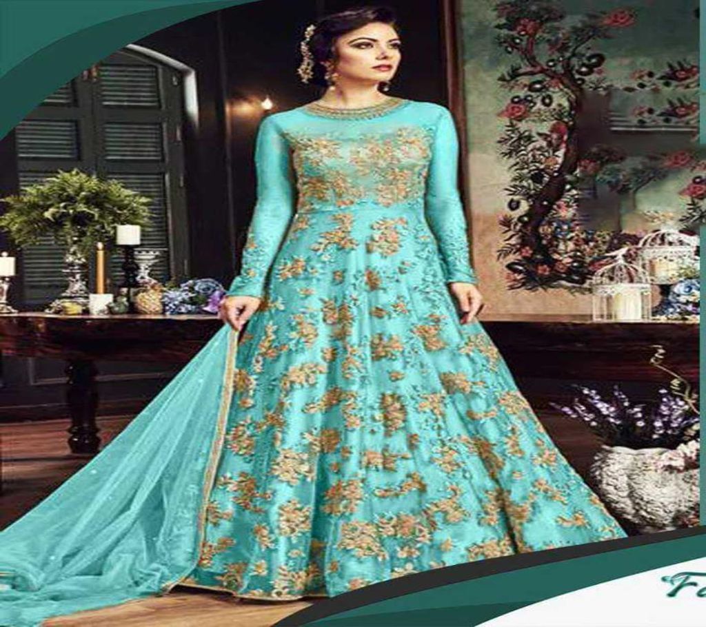 Unstitched Cyan Color Georgette Fabric With Embroidery Work Gown Suit for Women