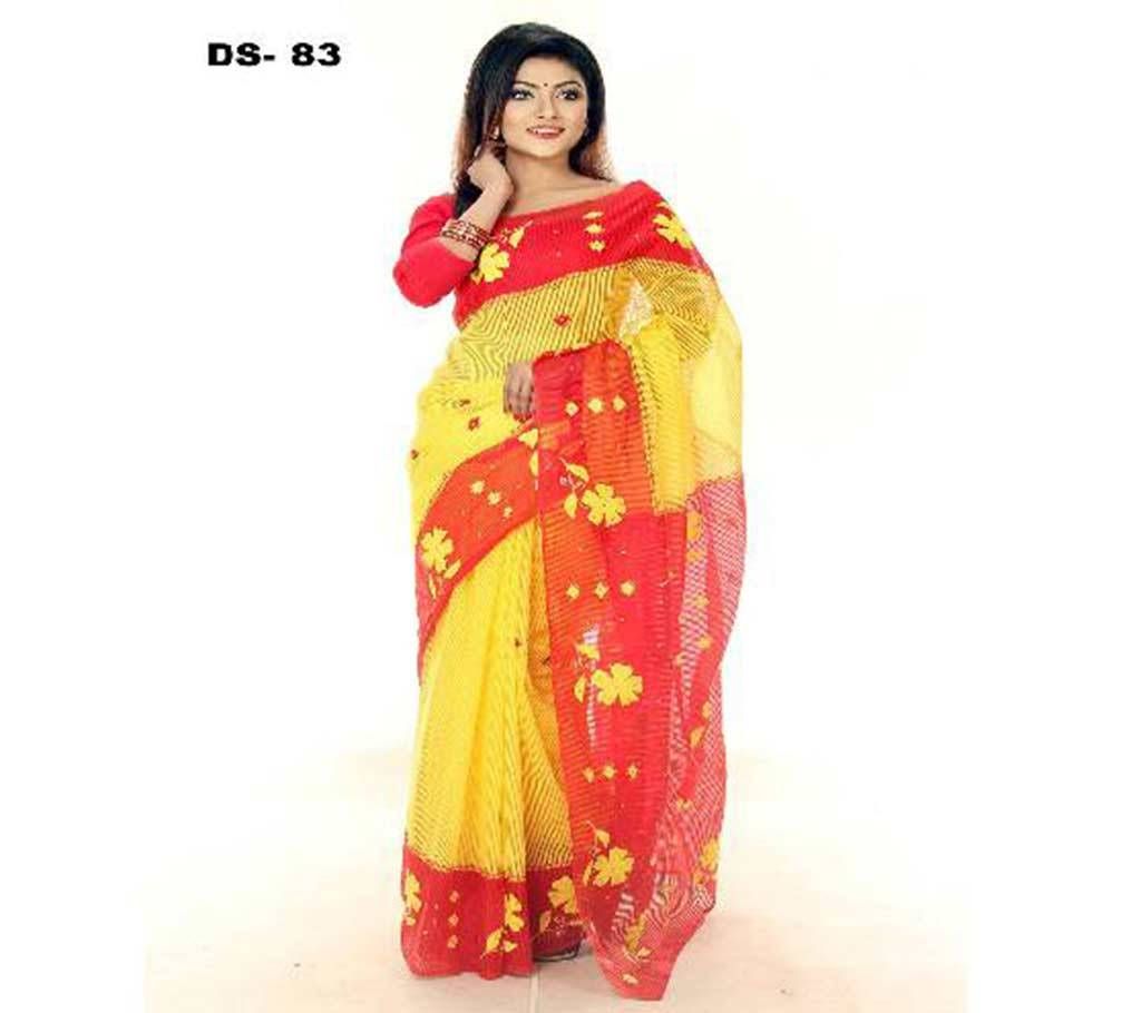 Yellow silk applique sharee