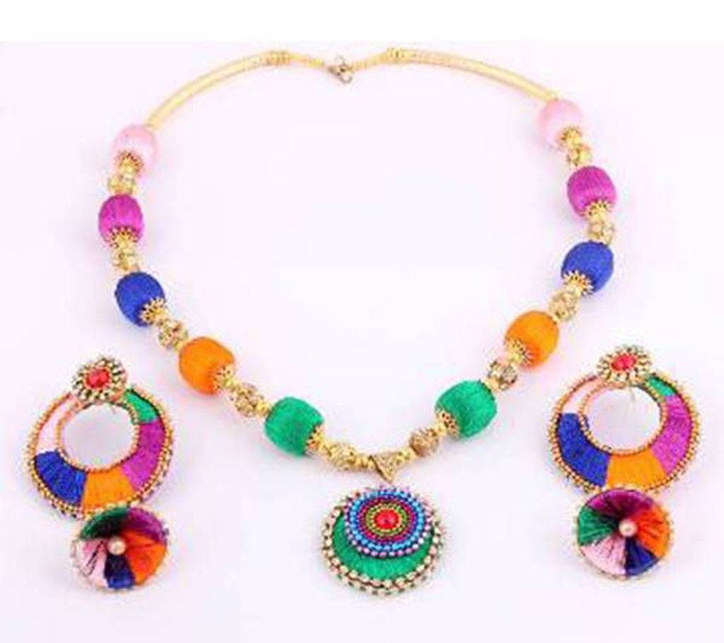 Multi Color Silk Cotton Necklace With Ear Ring