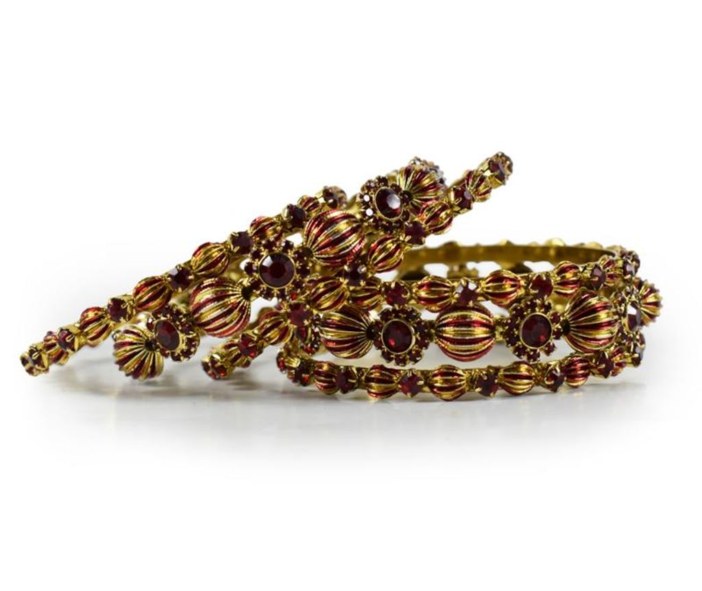 Golden And Red American Diamond Cat Bangles For Women (6 Pieces)