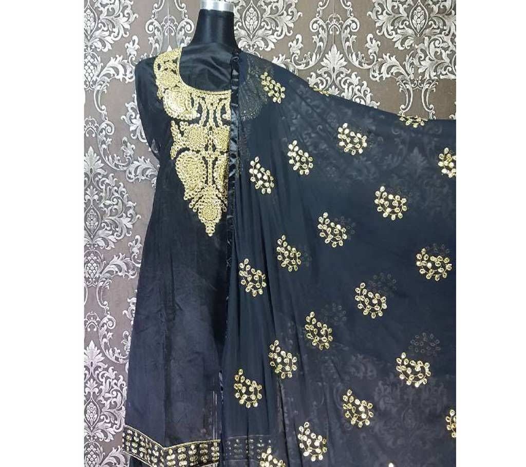 Indian Unstitched Silk Gotapatti Three Pieces - Black