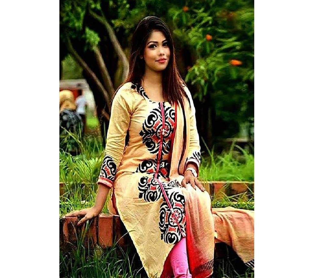 Semi-Stitched Block Printed Cotton Three Piece 