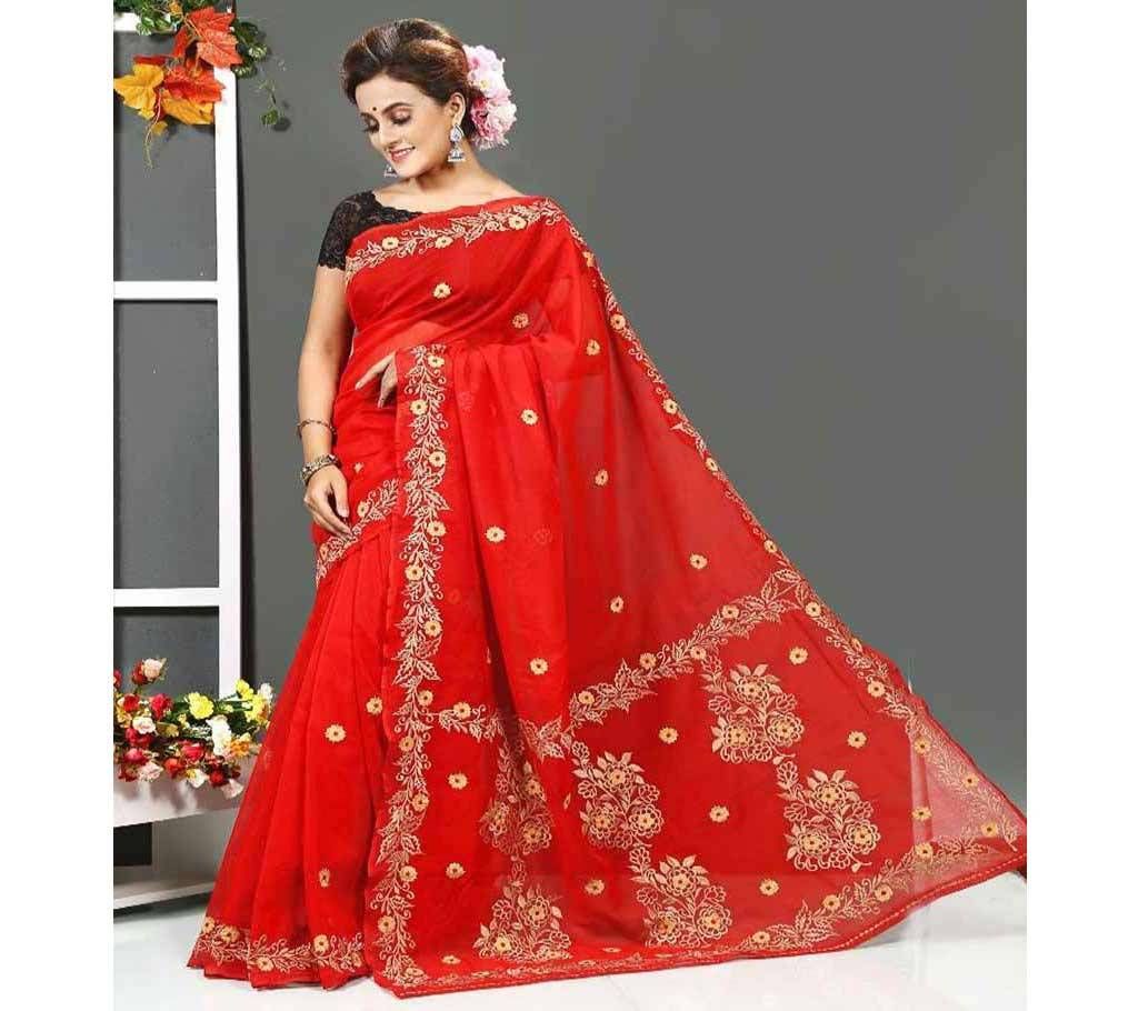 Red Maroon with Beautiful Flower Design in Paar Silk Sharee - 122