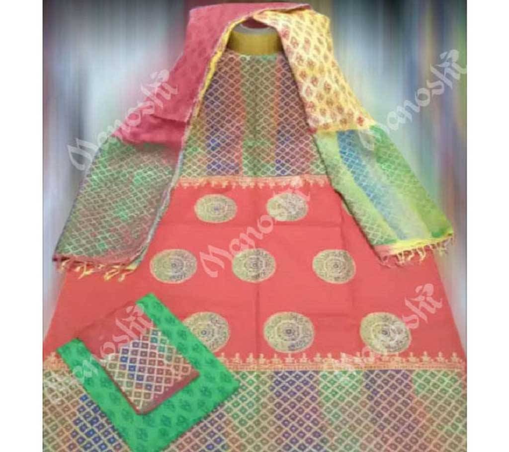 Unstitched Block Printed Three Piece for Women Coral Color