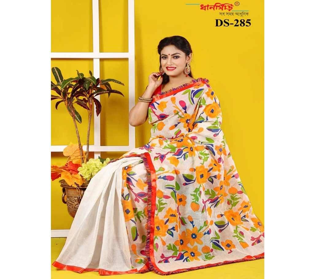 Cotton Butics Saree With Blouse Piece-White