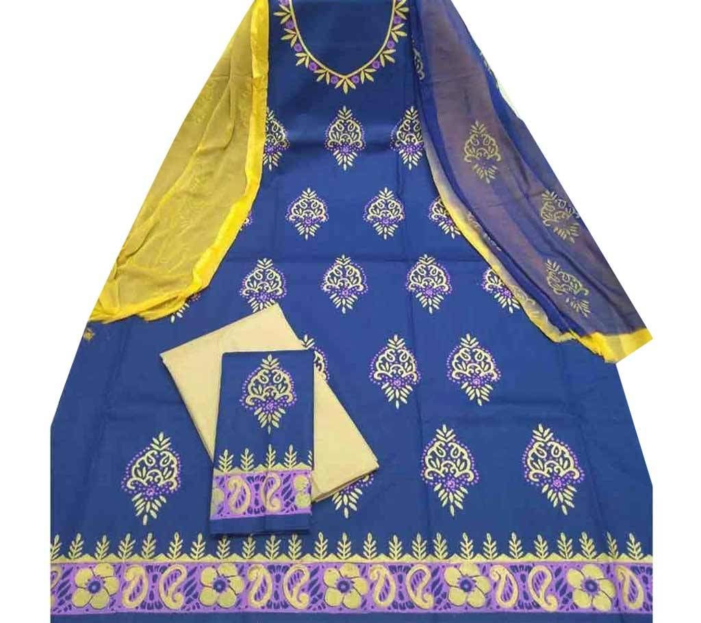ব্লক প্রিন্টেড আনস্টিচড কটন থ্রি পিস - Blue 