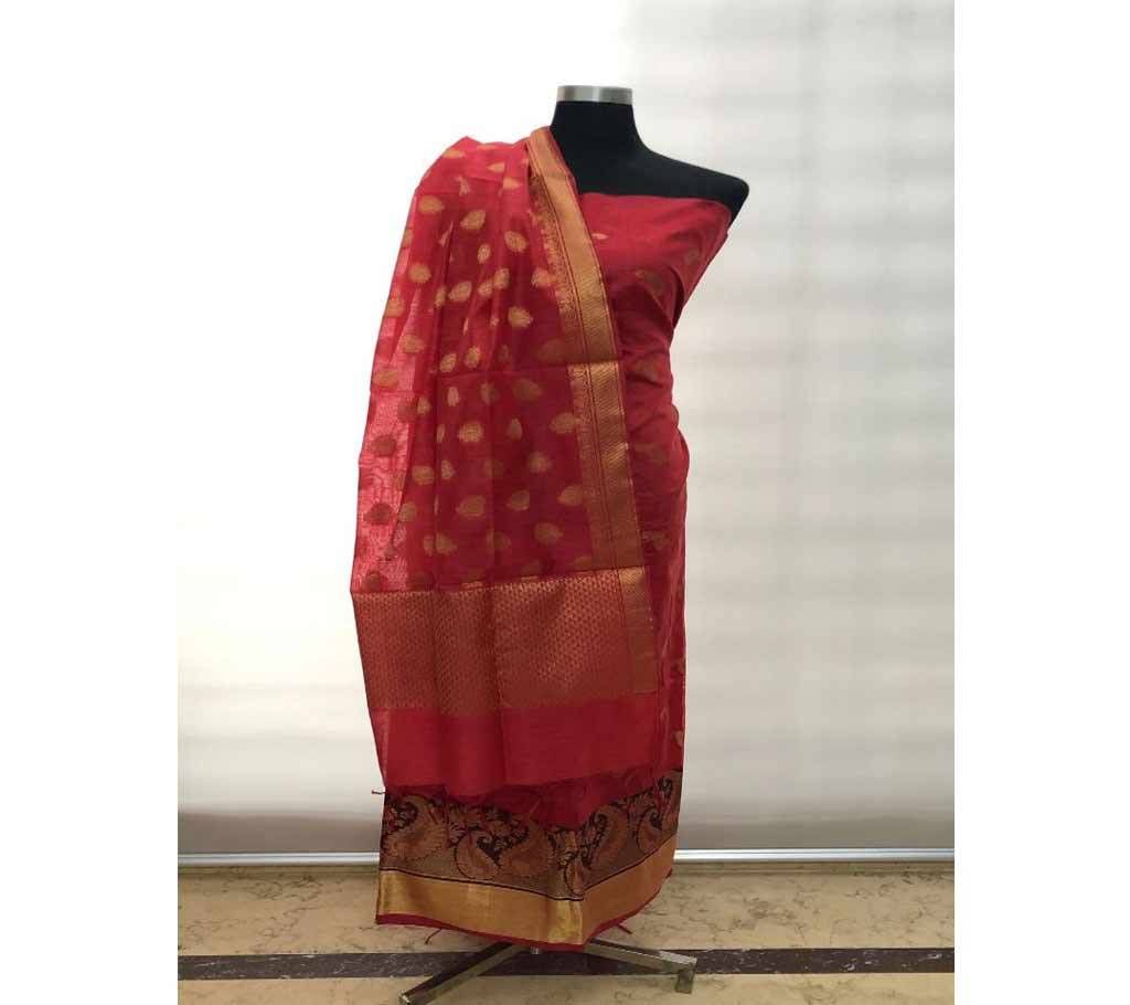 Unstitched Indian Benaroshi Katan 2 PC - Red With Kolki Design