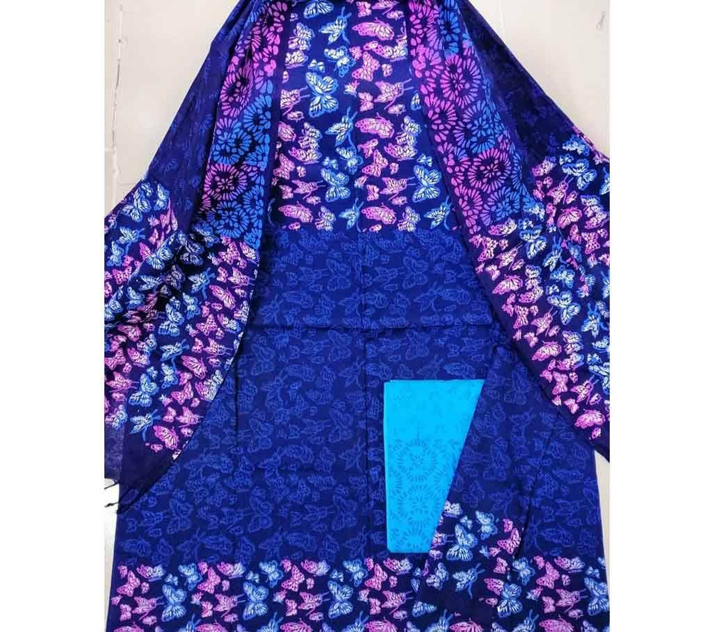 Cotton Block 3piece with Shuti Orna- 13 Deep Blue with Multi Color Design