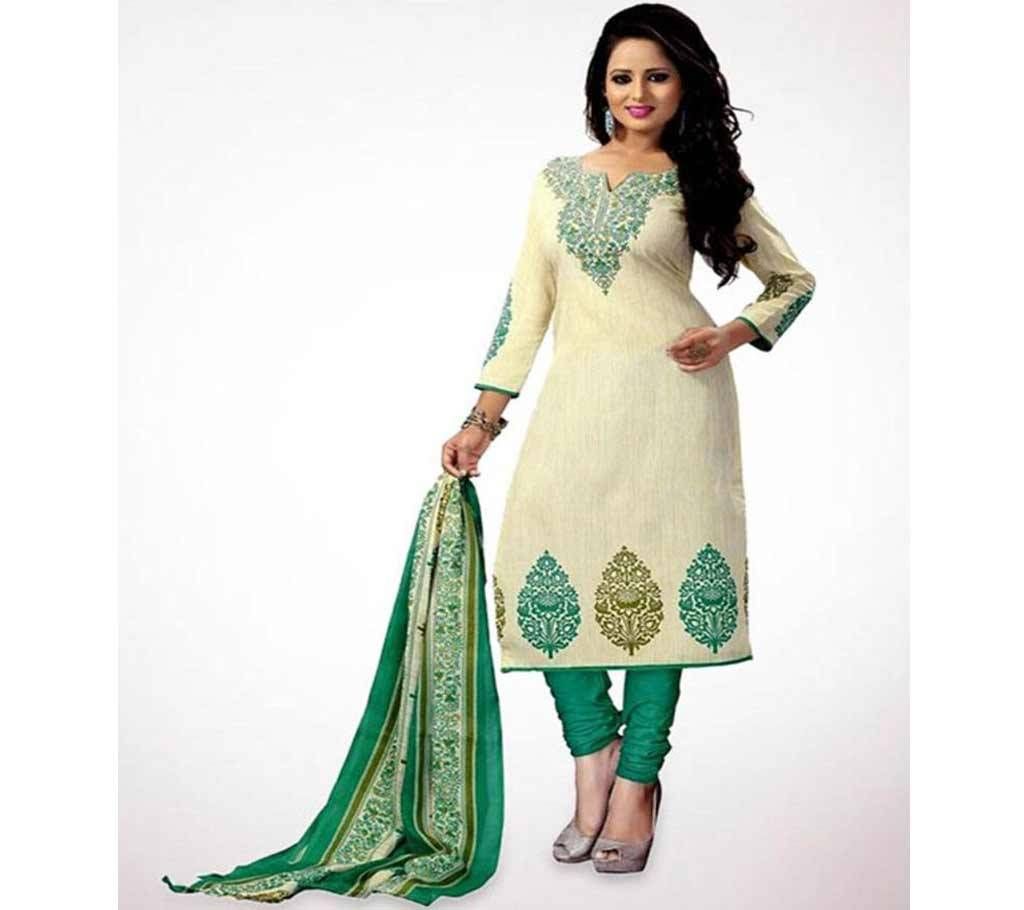 Unstitched Beige and See Green Cotton Salwar Kameez For Women