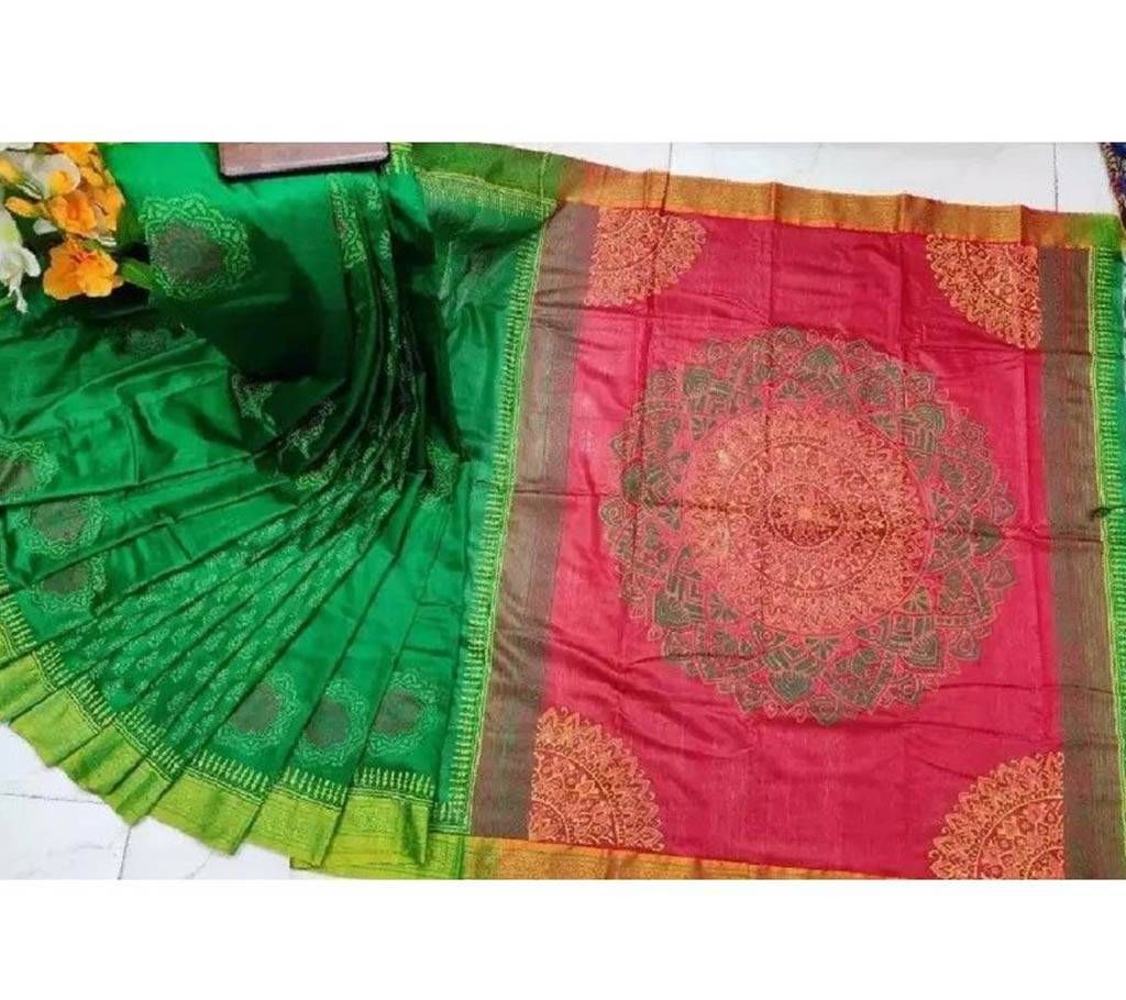 Moslin Half Silk Saree with Block Print With Blouse piece 