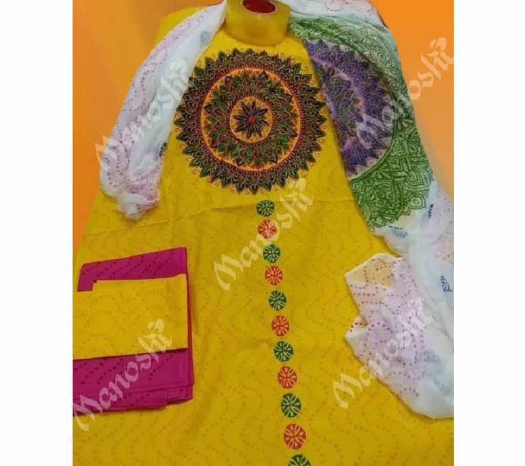 Unstitched Block Printed Three Piece for Women Yellow Color