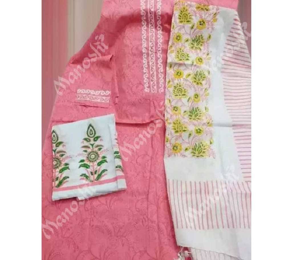 Unstitched Block Printed Three Piece for Women Light Pink Color