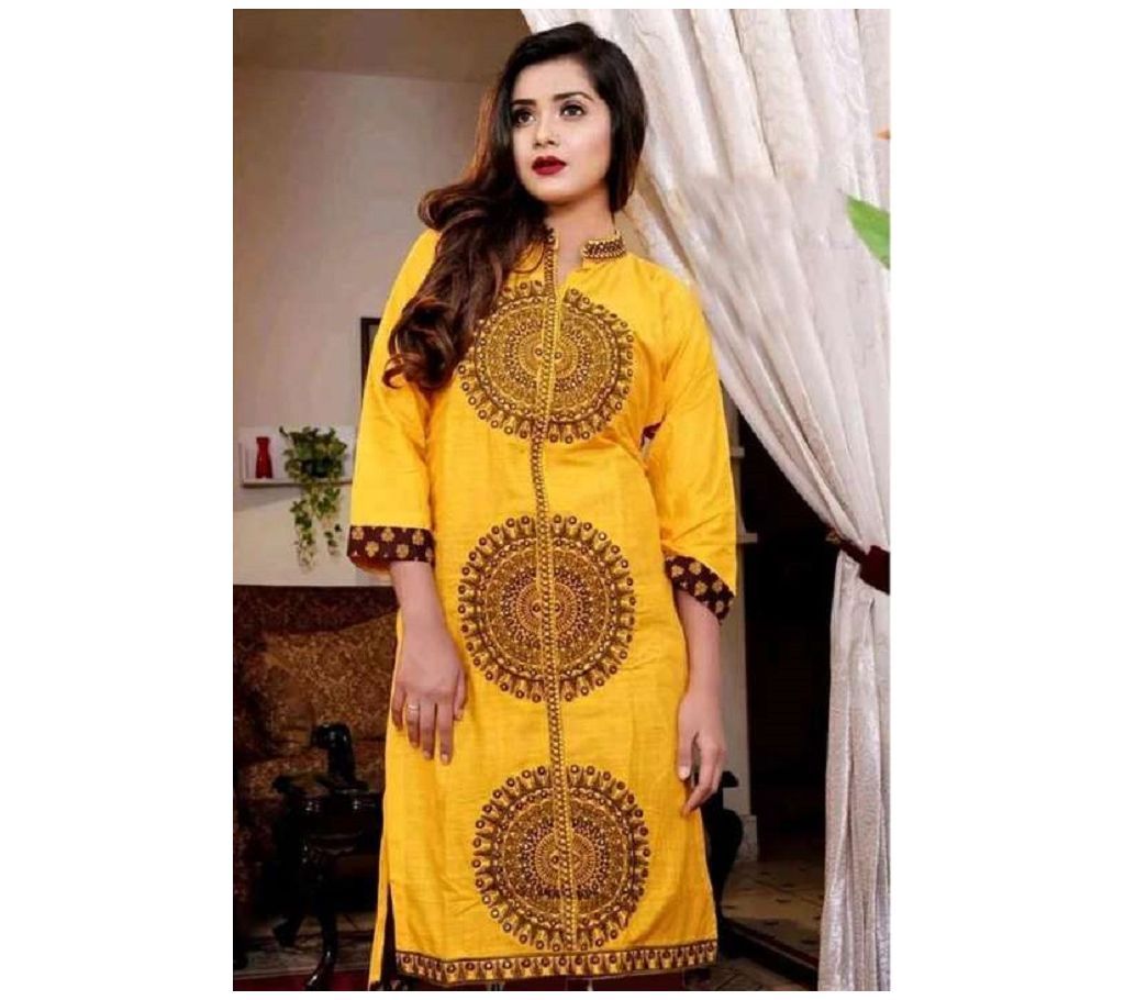Unstiched Block Printed Cotton Salwar Kameez For Women Yellow Color New