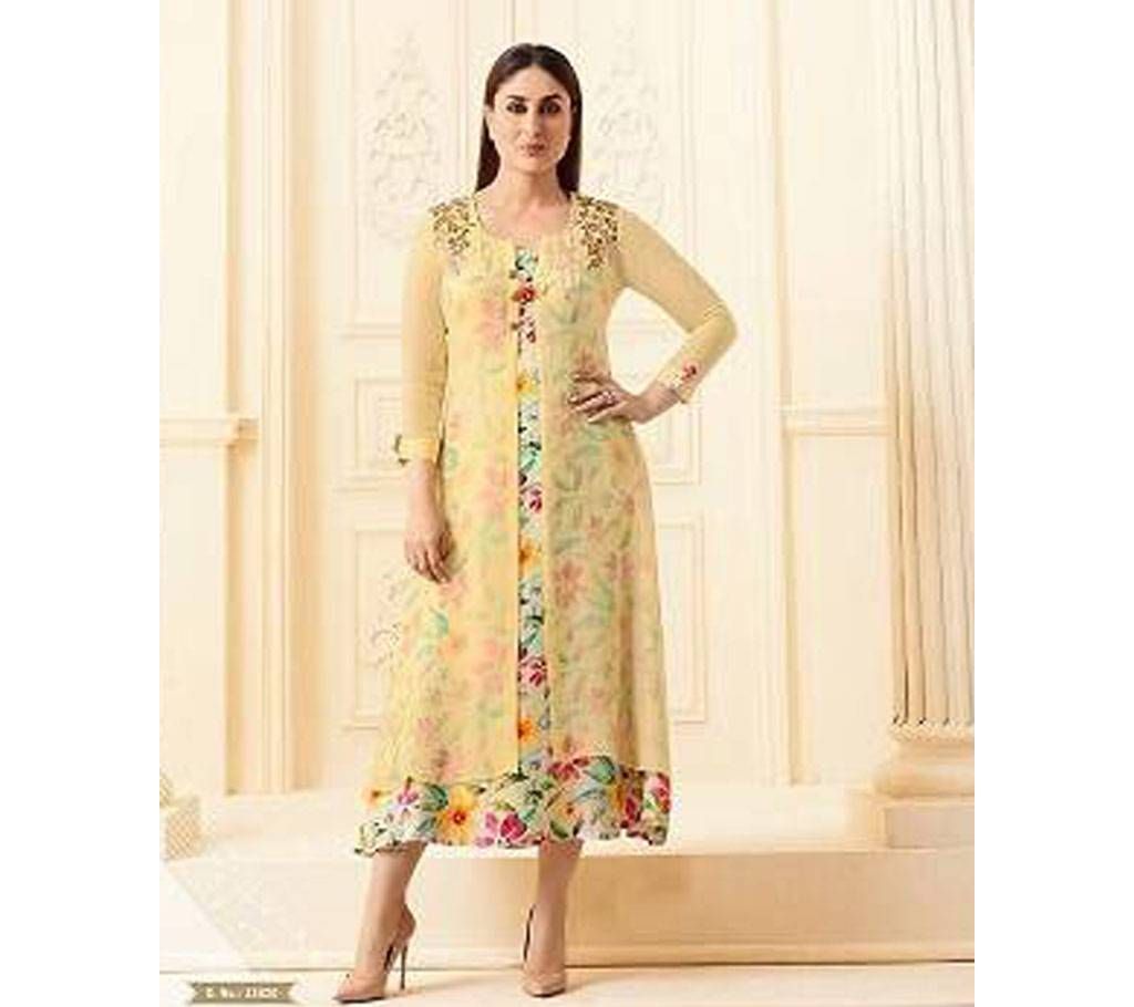 Georgette Yellow Printed Stitched Double Layer Kurti