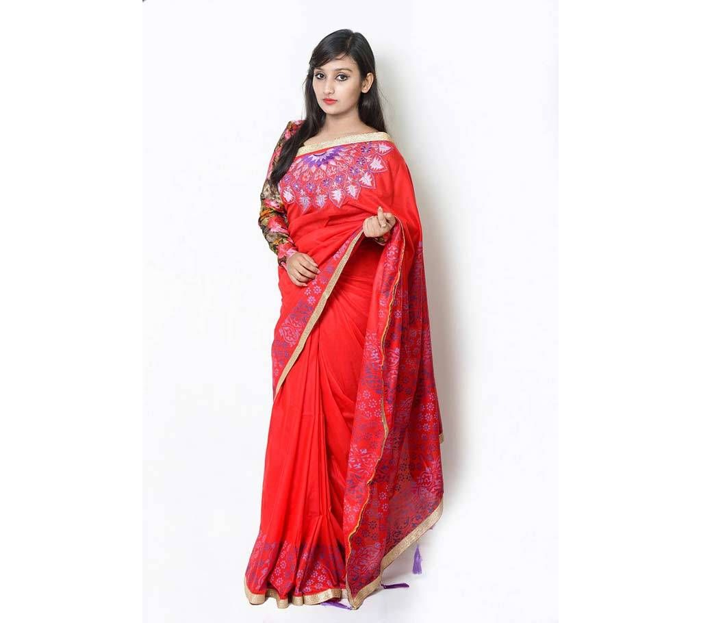 Block printed embroidery half silk sharee 