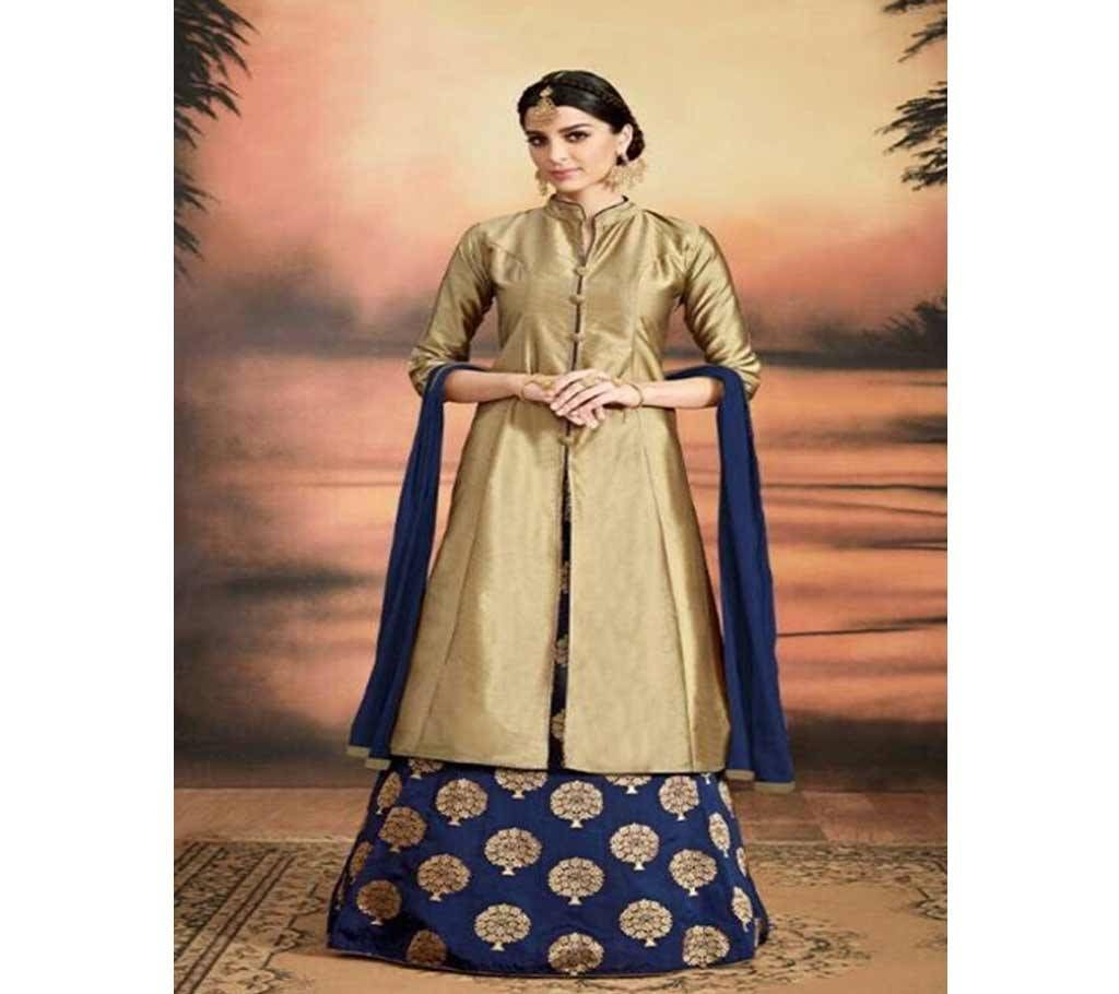 golden and navy blue un-stitched Scart model salwar kameez suit copy 