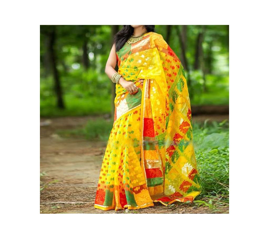 Nokshi Katan Saree Yellow with Green Red Dot Design with Green Orange Red Paar
