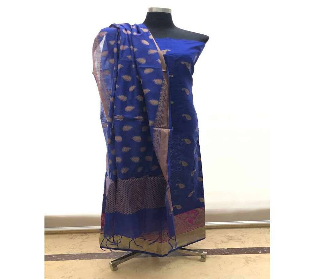 Unstitched Indian Benaroshi Katan 2 PC - Blue With Kolki Design