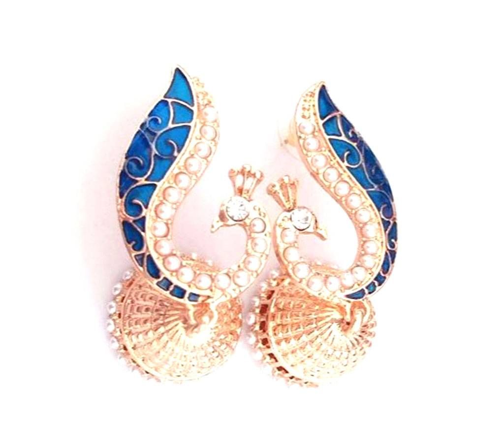 Gold Pearl Blue Peacock Drop Earrings For Women